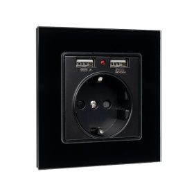 GERMAN TYPE SOCKET 16A 2XUSB GLASS FRAME BL+C. BOX